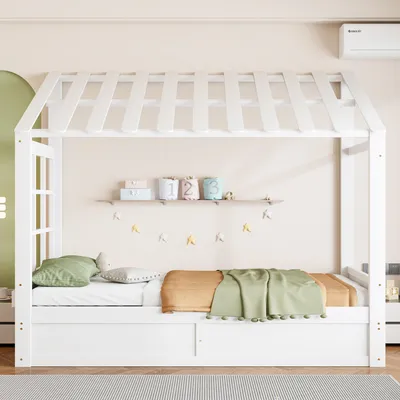 Obrázok produktu pre Postel pre mládež okwish, 90x200 cm, s matracou a baldachýnom, jednolôžková postel s úložným priestorom a bočnými odkladacími priehradkami, biela