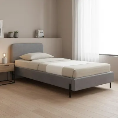 Immagine prodotto di Letto singolo grigio, dimensioni 90 x 200 cm, struttura in metallo con rivestimento in tessuto. Letto moderno