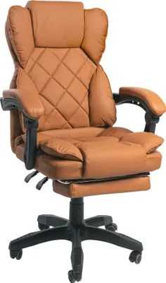 A brown office chair with a footrest is shown against a white background.