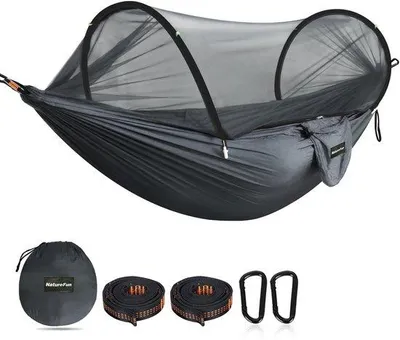 Produktbild von NATUREFUN Camping-Hängematte für Reisen, Tragfähigkeit 300 kg, 275 x 140 cm, atmungsaktives Parachutennylon, 2 hochwertige Karabinerhaken, 2 Nylonseile inklusive