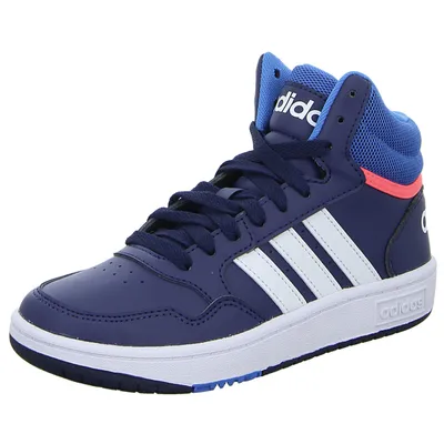 A single blue Adidas Hoops 3.0 Mid K children's sports shoe is shown against a white background.