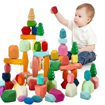Zdjęcie produktu dla Klocki drewniane do układania 58 szt montessori dla dzieci