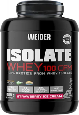 Produktbild von Weider Isolate Whey 100 Cfm Strawberry, Pulver, Molkenprotein isoliert, Erdbeere, L-Alanin, L-Arginin, L-Asparaginsäure, L-Cystein, L-Glutaminsäure, L-Glutamin, L-Glycin,..., 25 g, 111 kcal