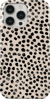 A close-up, top-down view of a phone case with a dalmatian-like print.