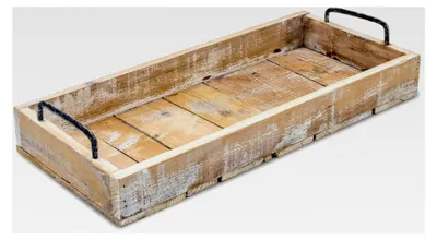 Produktbild von Holz Deko Tablett im Used Look mit Metallgriffen - 45 x 20 cm - Rechteckiges Servier- und Kerzenbrett - Kerzentablett Servierschale Tischdeko