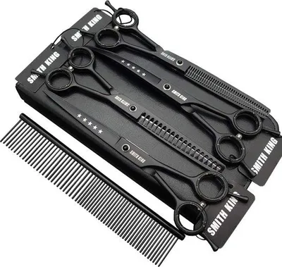 Produktbild von Famanu Hundepflege Scheren Set 7 Zoll - 5-teilig für Links- und Rechtshänder, Schwarz