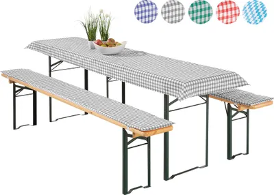 Produktbild von heimtexland ® Auflagen Set 3-teilig für Bierzeltgarnitur 2x Polster Auflage Bierbank 1x Tischdecke Vichy Karo Garten Tischdeko Typ331 grau Tischmass 70x220 cm