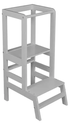 Image de Tour d'apprentissage Shefa Kids en bois massif – Chaise d'apprentissage évolutive en bouleau gris, réglable en hauteur