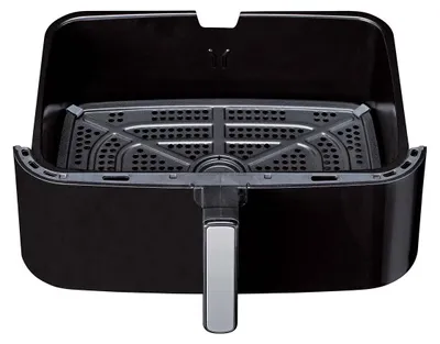 A black air fryer basket with a gray handle and grate, shown from a front-facing angle against a white background.