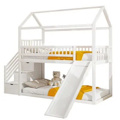 Produktbild von Kinderetagenbett 90*200cm, Hochbett(Weiss)mit Rutsche und Stauraumleiter, hohe Zaunkonstruktion, Massivholzbettrahmen, Lattenrost