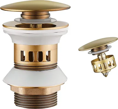 A brass pop-up drain assembly for a sink, shown with a separate component.