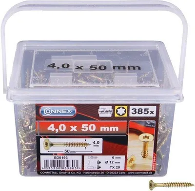 Produktbild von Universalschrauben 4,0 x 50 mm (385 Stück) im Set - Senkkopf - TX-Antrieb - Teilgewinde - gelb verzinkt/verzinkt/verkrustet/verkrustet / B30193