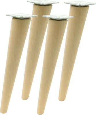Four wooden furniture legs with metal mounting plates.