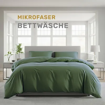 Produktbild von Lavea® Bettwäsche 220x240 cm, 3-teilig, 1 Bettbezug 220x240 cm, 2 Kissenbezüge 80x80 cm, Mikrofaser, weich, atmungsaktiv, hypoallergen, Markenreißverschluss, Bettwäsche-Sets Olivgrün