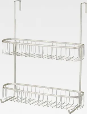 Produktbild von Duschkorb zum Hängen – praktische Duschablage ohne Bohren – Badregal aus Metall mit zwei breiten Körben und zwei Haken – mattsilberfarben