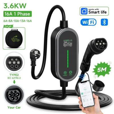 Produktbild von Tragbares Elektroauto-Ladegerät - Typ 2 IEC62196-2 - 3,6 kW - Einstellbar 6–16 A - 110–240 V - IP66 - App-Steuerung - 5 m