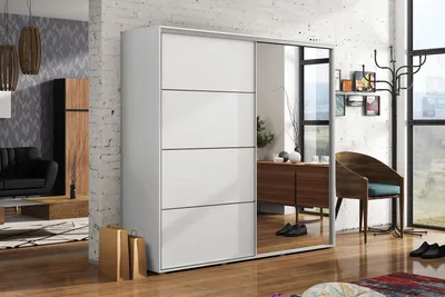 Produktbild von A12 Schlafzimmerschrank mit 2 Schiebetüren, Spiegel - Weiß - 230 x 62 x 245 cm