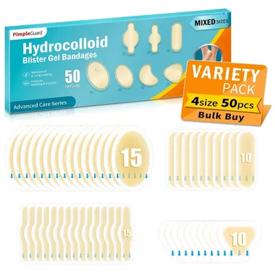 Immagine prodotto di Cerotti idrocolloidali per vesciche, confezione da 50 pezzi, 4 diverse dimensioni, impermeabili, cerotti in gel per tallone, dita dei piedi e avampiede