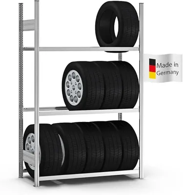 Produktbild von Reifenregal | Grundregal | HxBxT 200x130x40cm | 3 Ebenen | Fachlast 150kg | Verzinkt | Reifenständer Garagenregal