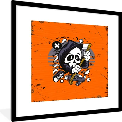 Produktbild von MuchoWow® MuchoWow® Gerahmtes Poster Jahrgang - Skelett - Skateboard 40x40 cm - Poster mit zchwarzem Bilderrahmen - Poster - Plakat im Rahmen