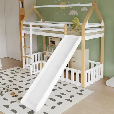 Immagine prodotto di Letto a castello MODFU 90x200cm con recinzione e doghe, letto giovanile in legno a forma di tetto come struttura letto, letto per bambini con scala, struttura letto con recinzione, bianco+naturale