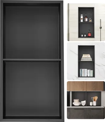 Collage of different recessed shower niches, one large empty niche and three smaller niches with various items displayed.