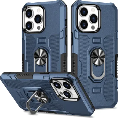 Produktbild von iPhone 15 Pro Hülle, Dual Layer Robuste Rüstung Ringhalter Ständer Schutzhülle für iPhone 15 Pro Blau