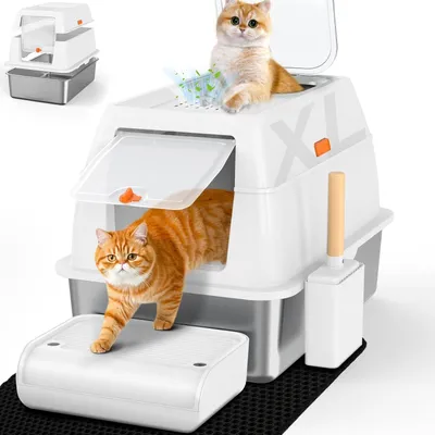 Imagen del producto de Arenero para gatos de acero inoxidable con tapa, tamaño XL (60x40x39,5 cm), arenero cerrado con dos entradas para gatos