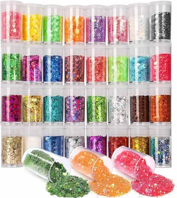 Glitter-Set, 32 Dosen, grob, holografisch, bunt, für Basteln, Nägel, Körper