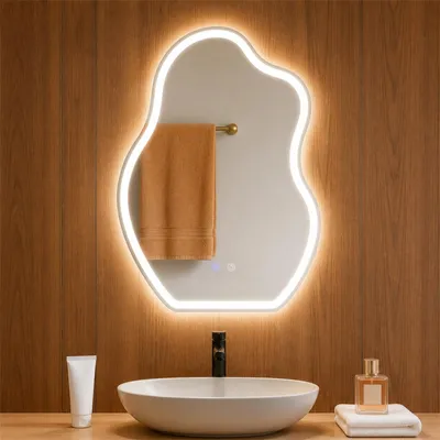 Productafbeelding van ZMH Spiegel met verlichting, asymmetrisch, LED badkamerspiegel, 50x70 cm, wandspiegel, touchschakelaar, ontfoggingfunctie, 3000K en 6500K licht, dimbaar