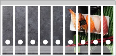 Produktbild von Wallario Ordnerrücken Sticker, selbstklebend für breite Ordner, 9 Stück, Motiv Sushimenu auf Schiefer - Nigiri mit grünem Tee
