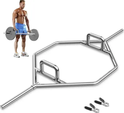 Produktbild von KOMFOTTEU Trap Bar, 142cm Hantelstange mit klappbarem Griff, Hex Bar aus Stahl mit Federverschluss, Hexagon Stange bis 363 kg für Kniebeugen, Kreuzheben
