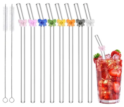 8 wiederverwendbare Glasstrohhalme mit Schleifen, bunt