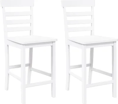 Two white bar stools are shown against a white background.