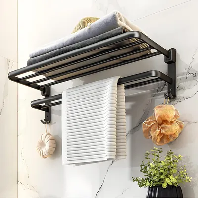 Obrázek produktu pro Držák na ručníky, nástěnný - stojan na ručníky do koupelny - věšák na ručníky - dvojitá, sklopná tyč - 58 cm - černý