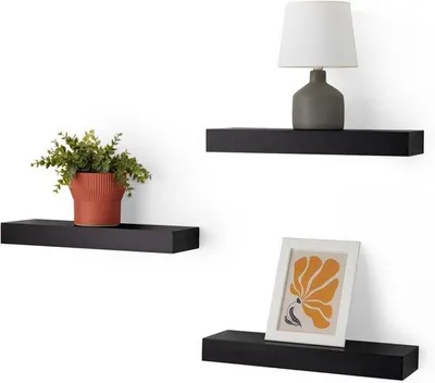 Produktbild von Famanu Set von 3 Holz Wandregalen - Schwarz - Multifunktional für Wohnzimmer oder Büro - 40 x 12 x 4,5 cm