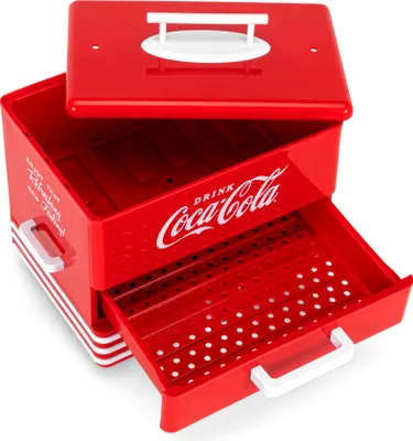 A red and white Coca-Cola branded hot dog steamer with its lid open and a drawer pulled out.