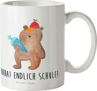 Produktbild von Mr. & Mrs. Panda Mehrwegbecher Bär Schultüte - Weiß - Geschenk, Haferl, Trinklernbecher, Erster Schultag, Plastikbecher, Schulbeginn, Grundschule, Teddy, Pott