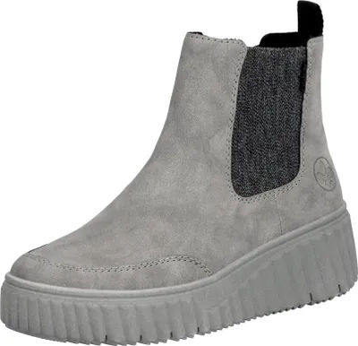 A single gray Rieker Chelsea boot with a thick platform sole is shown against a white background.