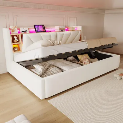 Obrázek produktu pro Postel s čalouněnou konstrukcí 90x200 cm s opěrkou, dětská postel s USB portem a LED osvětlením, rozkládací pohovka s úložnými prostory, potah z veluru, barva béžová