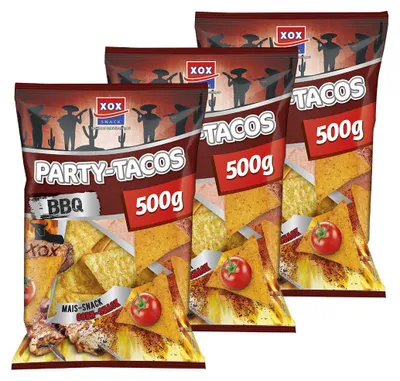 Image de XOX Party Tacos Barbecue Maïs Snack épicé et croustillant 500g paquet de 3