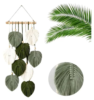 Produktbild von Wanddekoration Kunsthandwerk Hintergrund, Boho Wanddeko, Wandteppich mit Holzperlen und Grün, Makramee Wandbehang für Wohnzimmer, Schlafzimmer, Hochzeit, Urlaubsdekoration