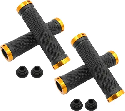 Zdjęcie produktu dla zestaw 2 - Chwyty kierownicy rowerowej | ergonomiczne chwyty śrubowe | chwyty rowerowe do kierownicy | miękkie chwyty do MTB, BMX, roweru miejskiego, roweru szosowego | kolor złoty - czarny