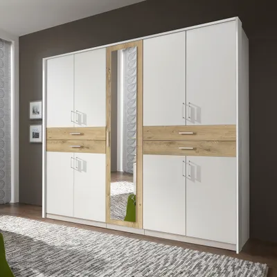 Produktbild von Kleiderschrank mit Passepartoutrahmen, 228 cm breit in weiß mit Plankeneiche, TREVISO-43