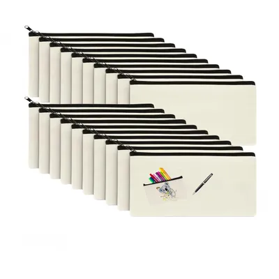 Produktbild von 16 handgefertigte, unbedruckte Stoffbeutel zum Bemalen, Kosmetiktaschen mit Reißverschluss, Federmäppchen, multifunktional für Schule, Make-up, Büro und Bastelarbeiten (12 x 21 cm)
