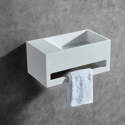 Produktbild von Wandwaschbecken BA2105 - Mineralguss - Weiß Matt - 35,5 x 20 x 16 cm - Ausführung wählbar, Zusätzl. Blende für Ablaufgarnitur:ohne zusätzl. Blende, Ausführung Waschbecken:Ablagefläche Links