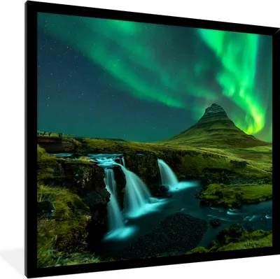 Produktbild von MuchoWow® Gerahmtes Poster Nordlichter - Wasserfall - Berg - Island 40x40 cm - Poster mit Schwarzem Bilderrahmen Wandposter Rahmen Foto Bilder - Mit Rahmen - Wanddekoration Schlafzimmer