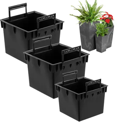 Three black plastic planting inserts of varying sizes are arranged diagonally on a white background. Two decorative planters with plants are visible in the upper right corner.