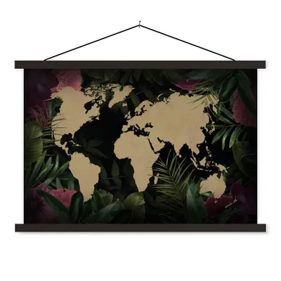 Produktbild von MuchoWow® Textilposter Weltkarte - Blätter - Dschungel 150x100 cm mit schwarzem Rahmen - Schlafzimmer