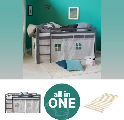 Produktbild von Homestyle4u Kinder Hochbett 90x200 grau mit Lattenrost Sternen Vorhang